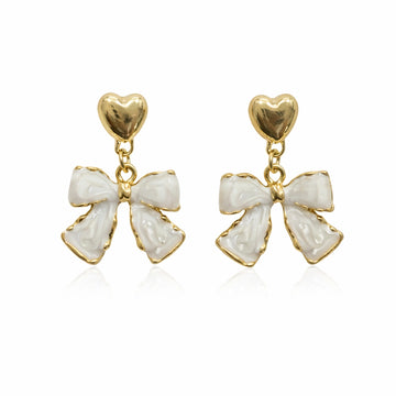 Heart Stud White Bow Drop Earrings
