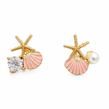Starfish & Pink Seashell Asymmetric Stud Earrings
