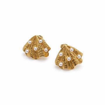 Golden Seashell Pearl Stud Earrings