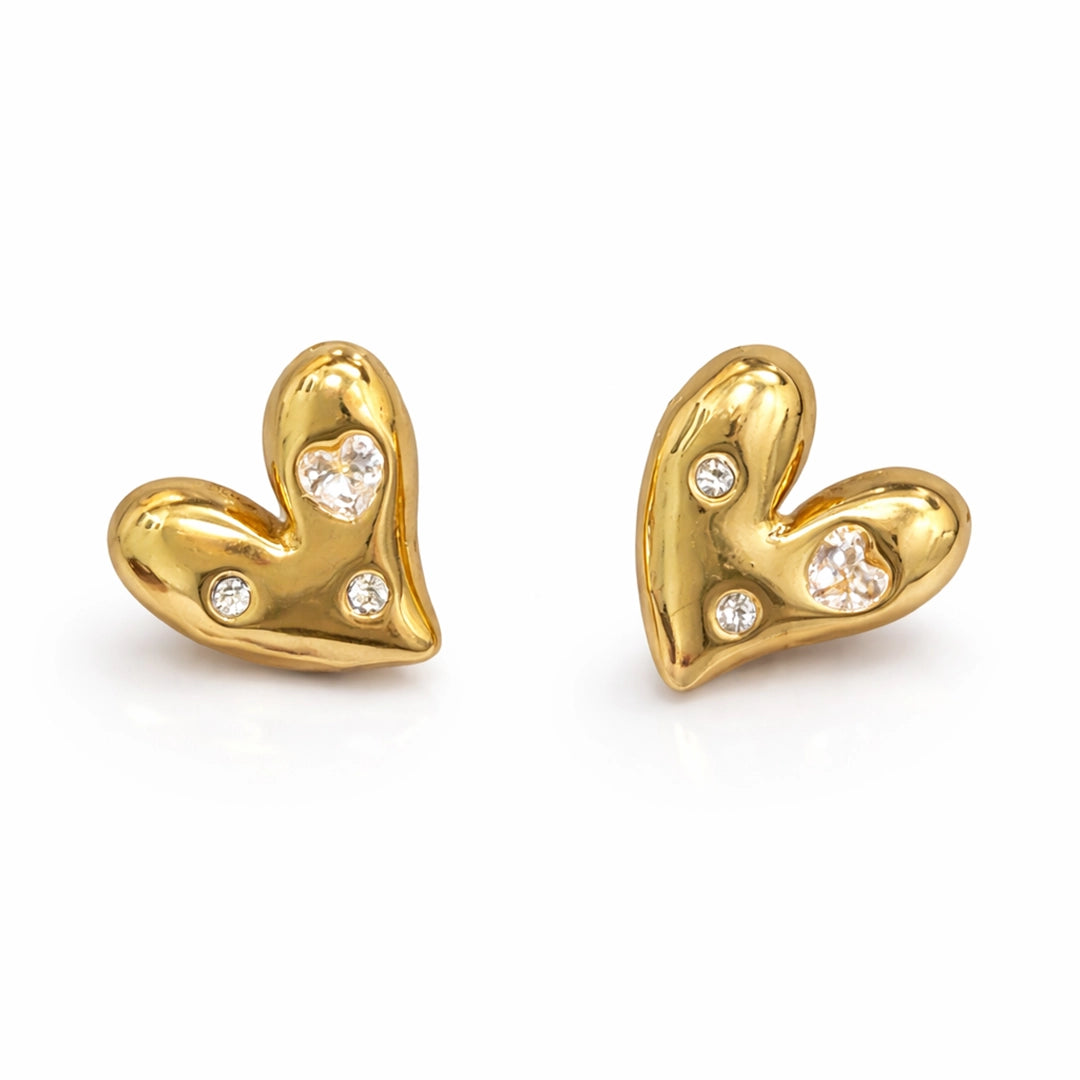 Golden Heart Crystal Stud Earrings