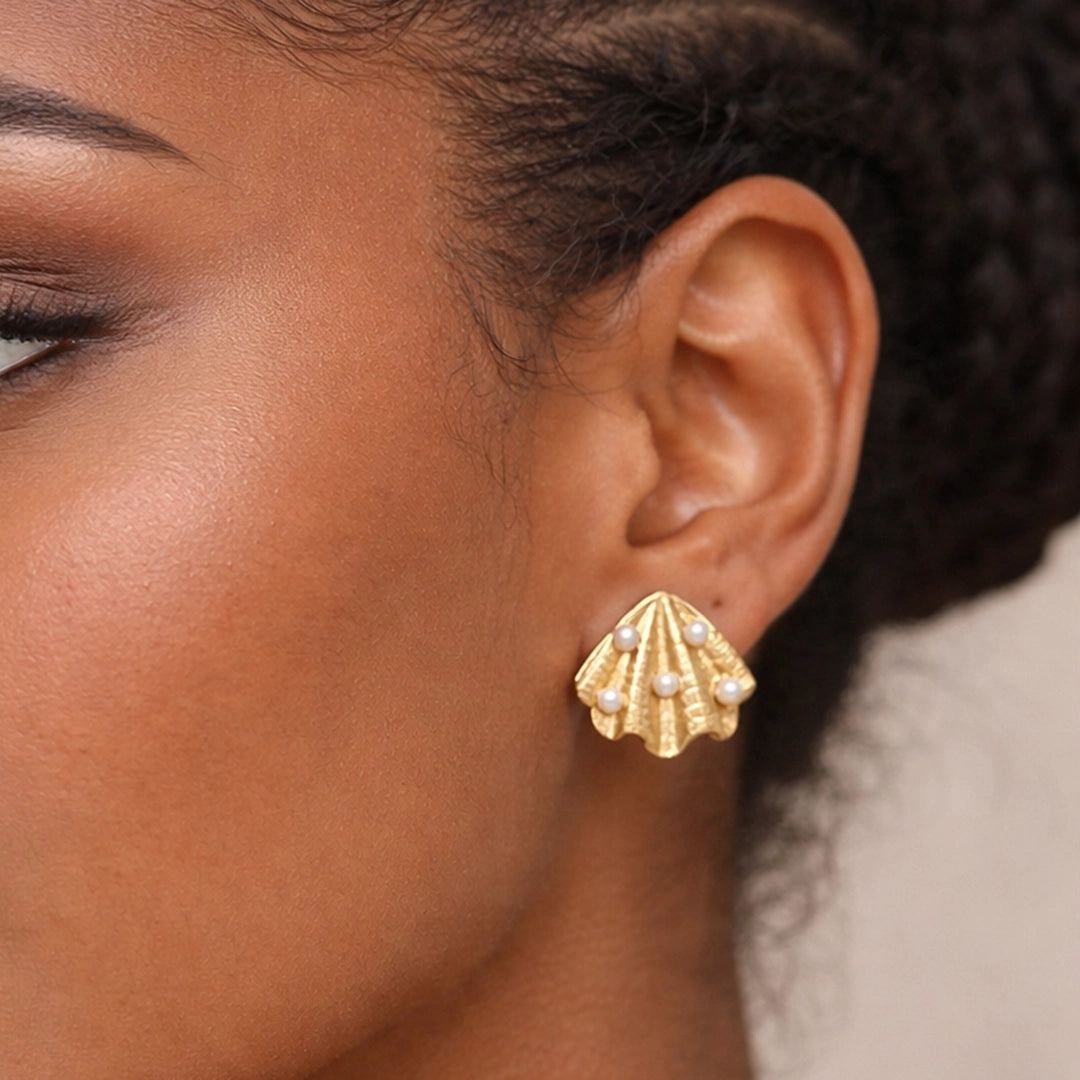 Golden Seashell Pearl Stud Earrings