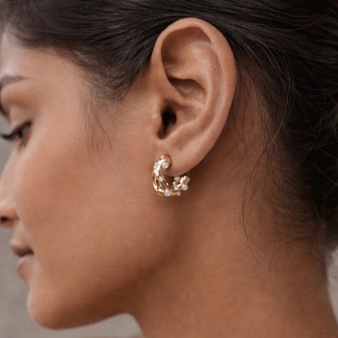 Celeste Pearl Embellished Rose Gold Hoop Earrings